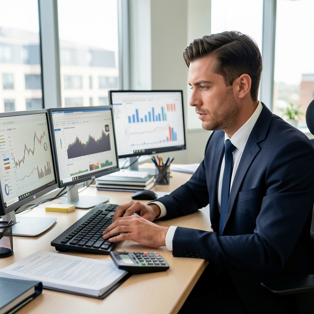 Finansal tablolar, grafik çıktıları ve hesap makinesi ile dolu masaüstünde çalışan kurumsal finans analisti