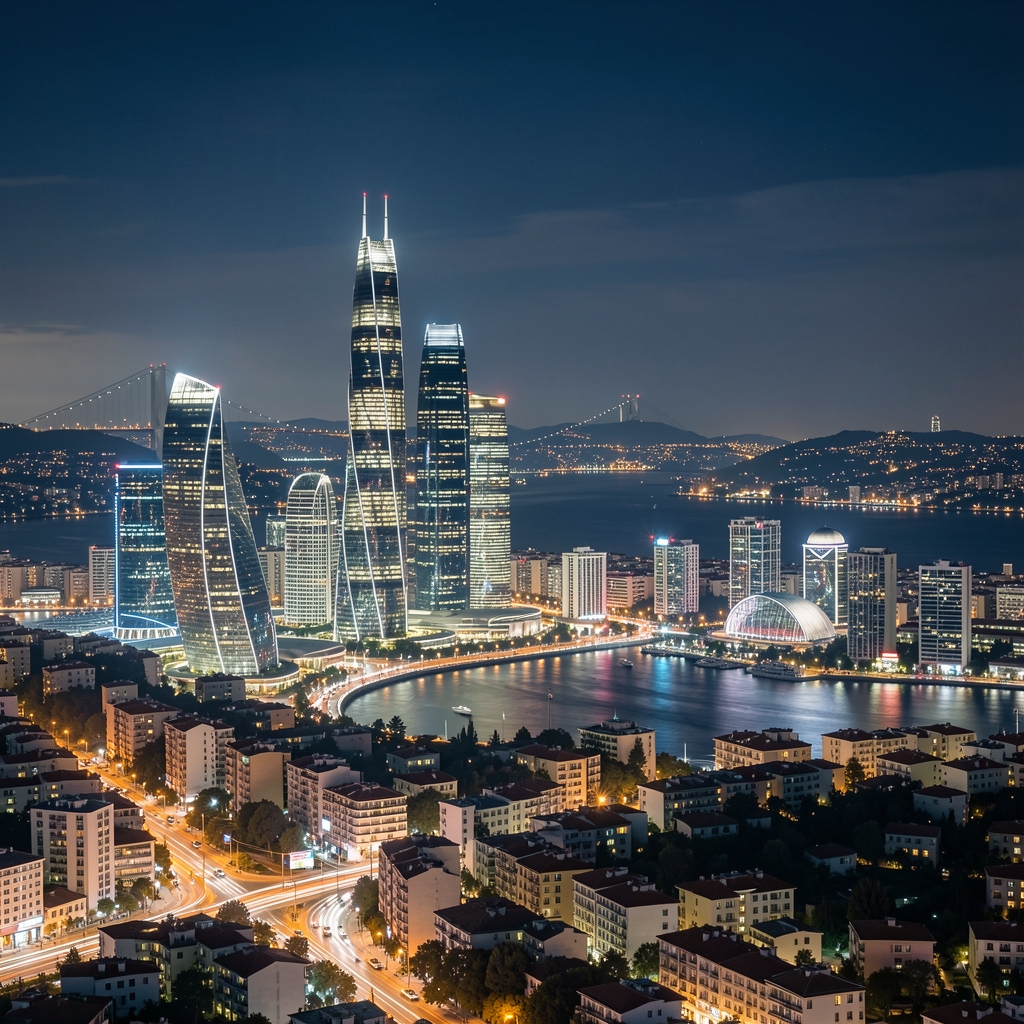 Modern İstanbul finansal bölgesi gece görünümü, aydınlık gökdelenler ve Boğaz manzarası