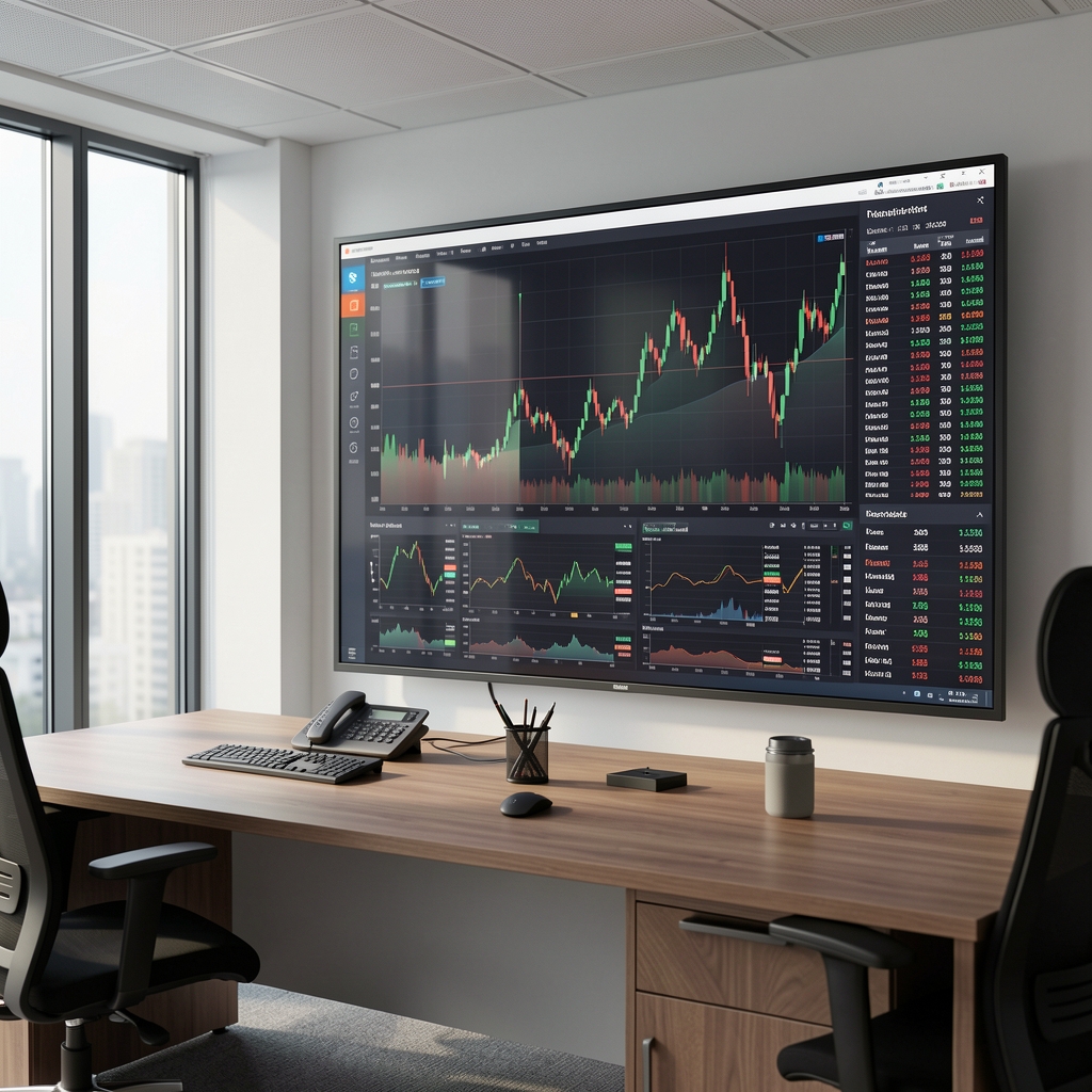 Büyük ekranda borsa endeks grafikleri ve piyasa derinlik verileri gösteren finans analiz odası