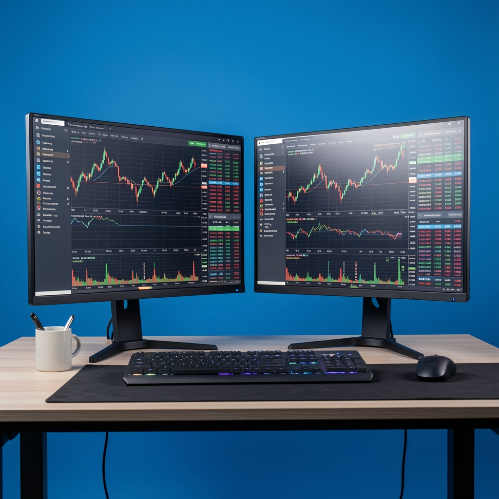Risk analizi ve finansal veri panolarının gösterildiği çift monitörlü profesyonel trading istasyonu, mavi arka plan
