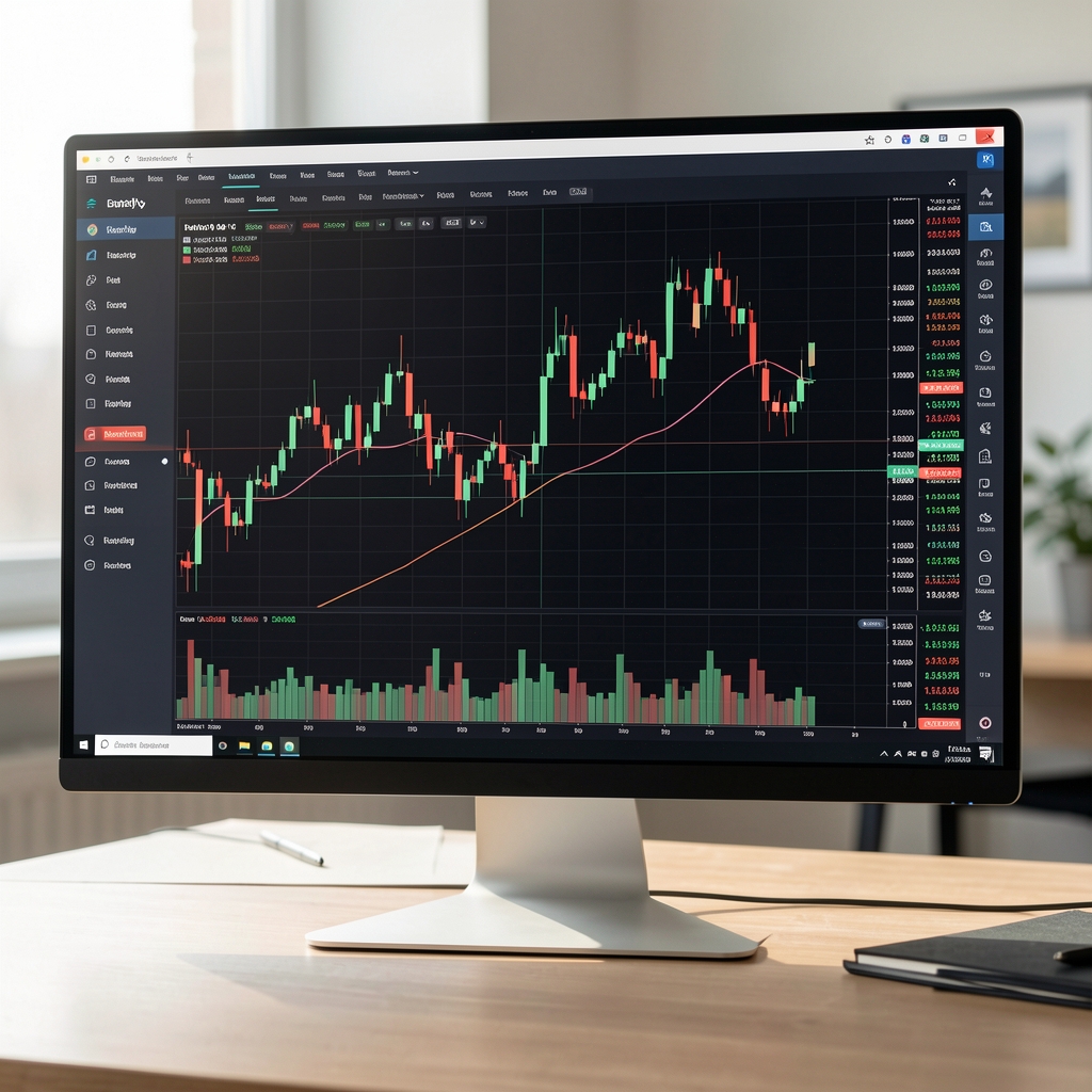 Bilgisayar ekranında mum grafikleri, hareketli ortalamalar ve teknik indikatörlerin gösterildiği trading platformu