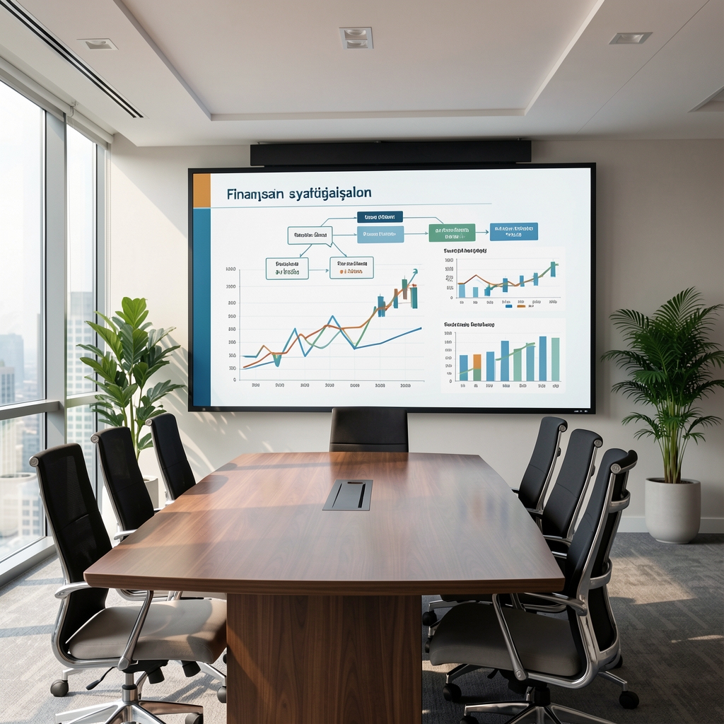 Büyük ekranda finansal strateji şeması ve portföy grafiklerinin gösterildiği modern yönetim odası